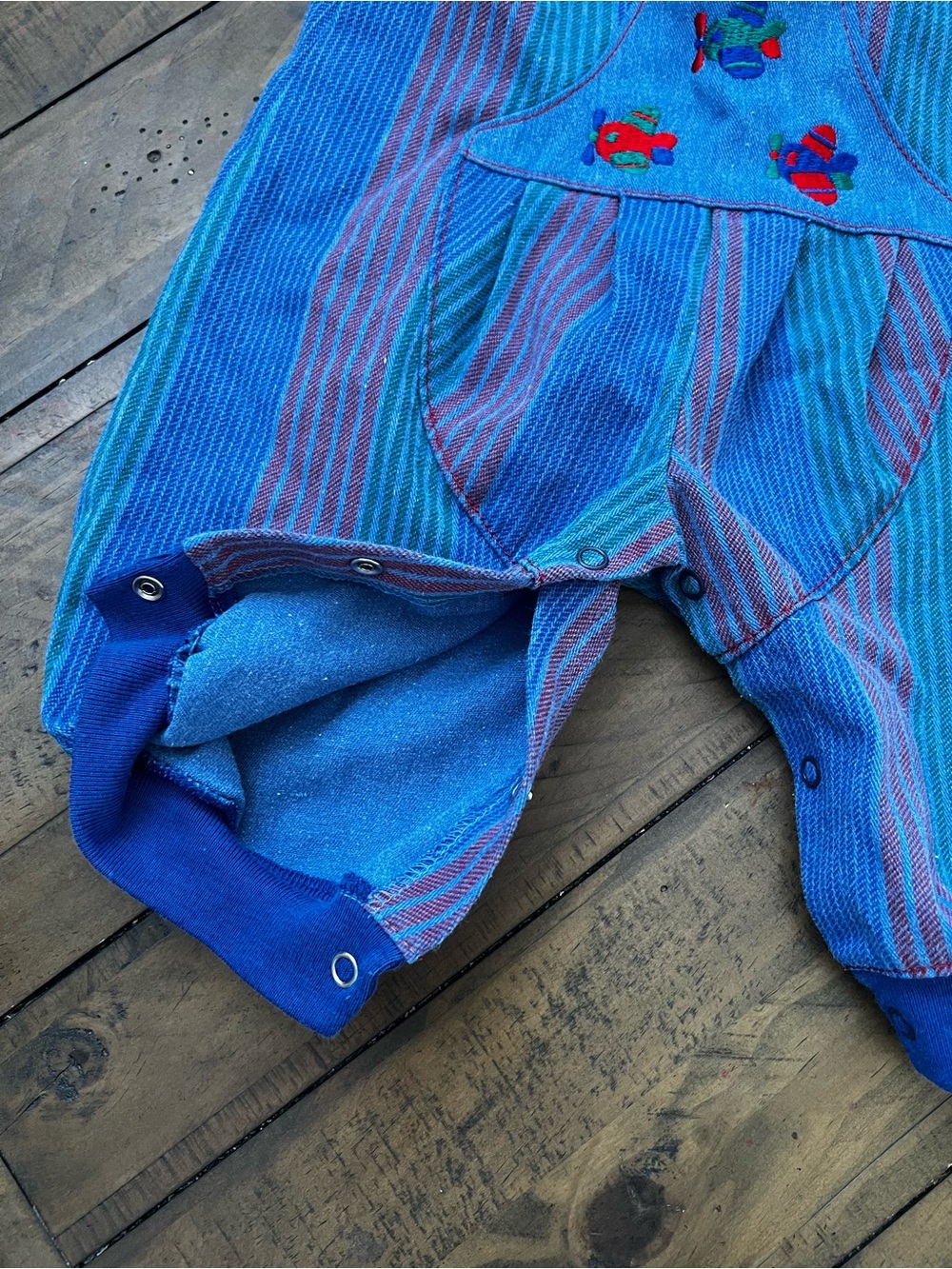 Vintage Baby Striped Blue Overalls with Airplane Embroidery - Picture 4 of 5